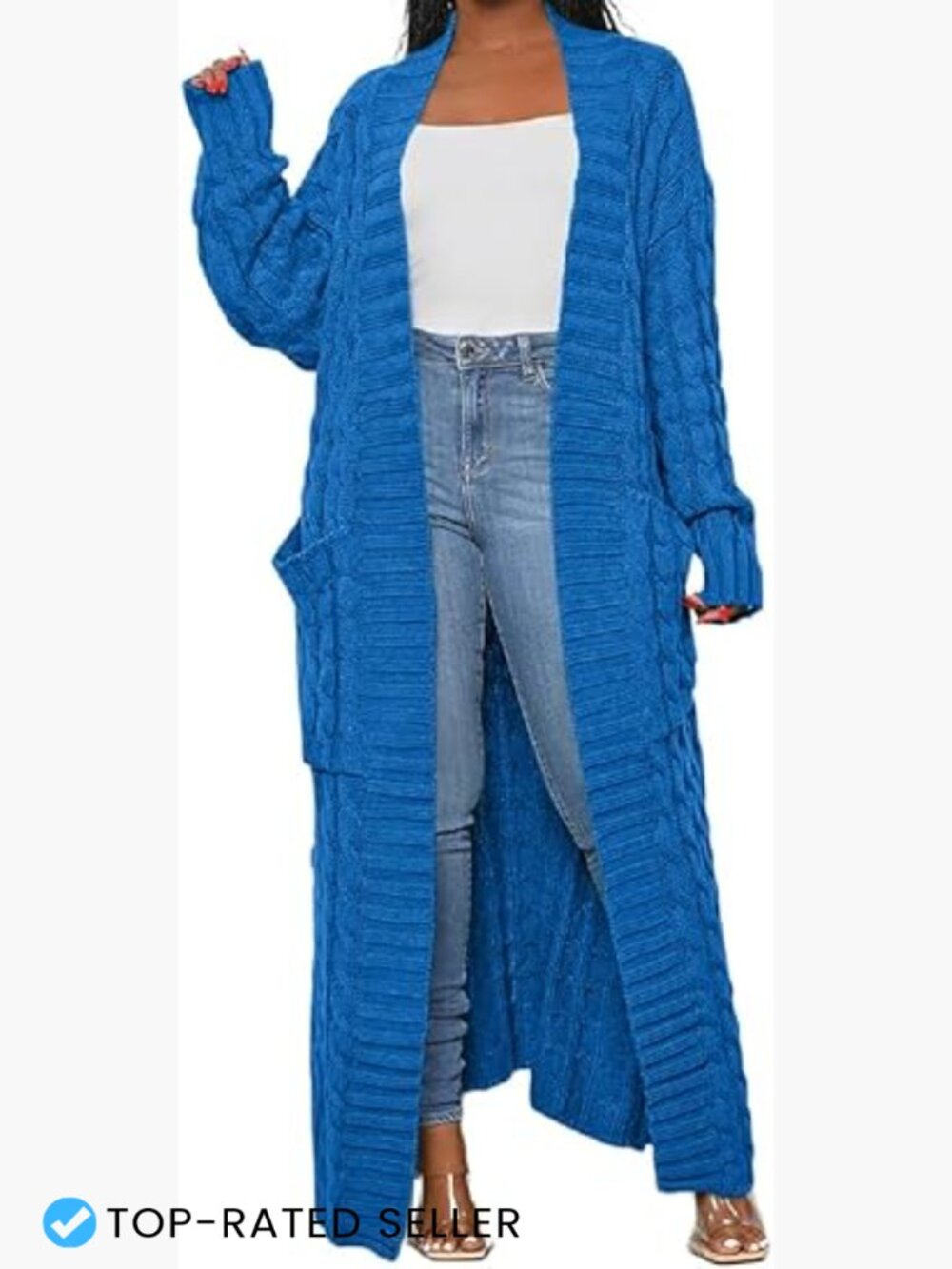 Extra Long Cable Knit Cardigan with Pockets Open Front Maxi Sweater Coat
